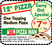 St. Croix Falls Pizza Man 12 inch Pizza Coupon