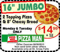 St. Croix Falls Pizza Man 16 inch Pizza Coupon